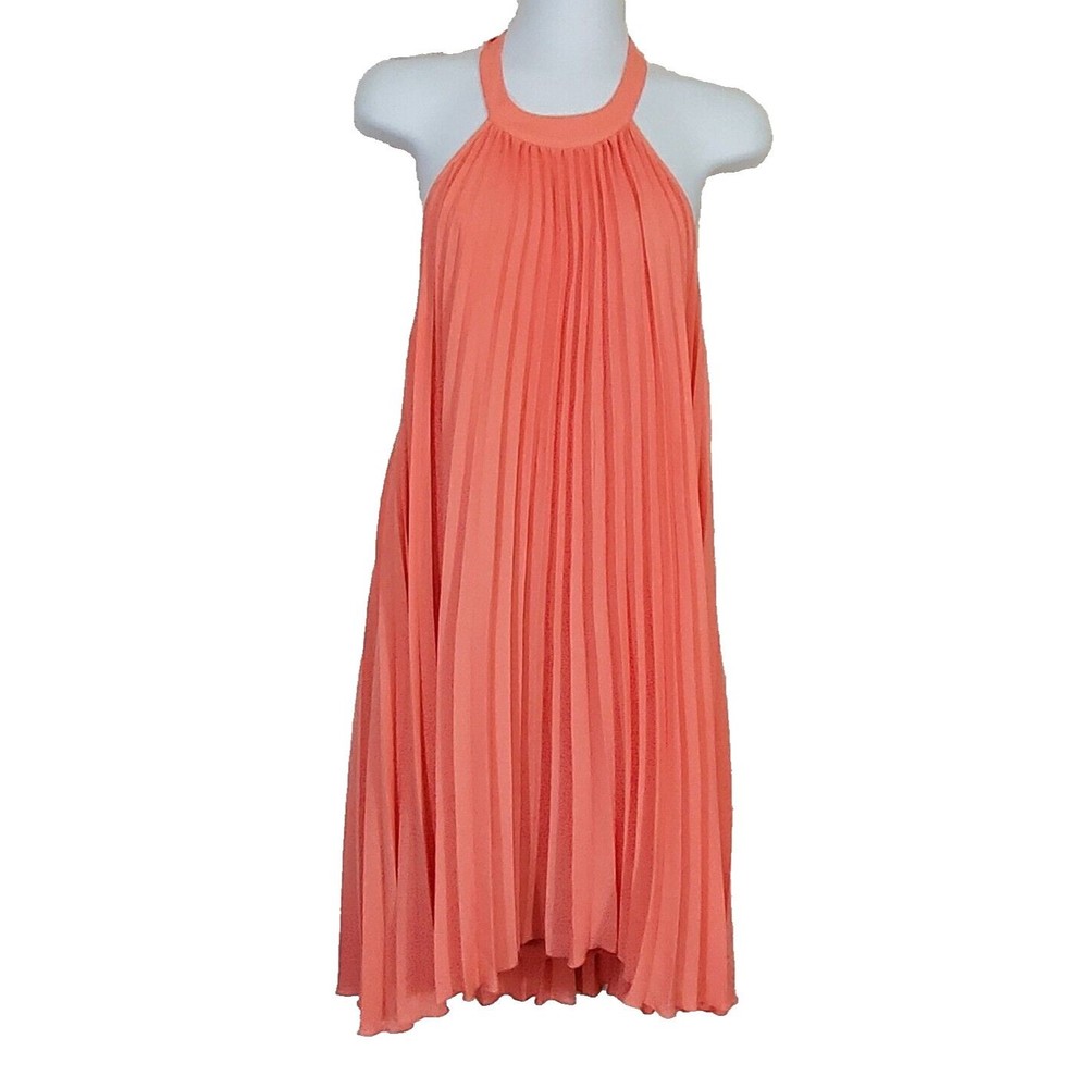 Kaari Blue Dress Small Coral Accordion Pleated A-Line Swing Halter Backless
